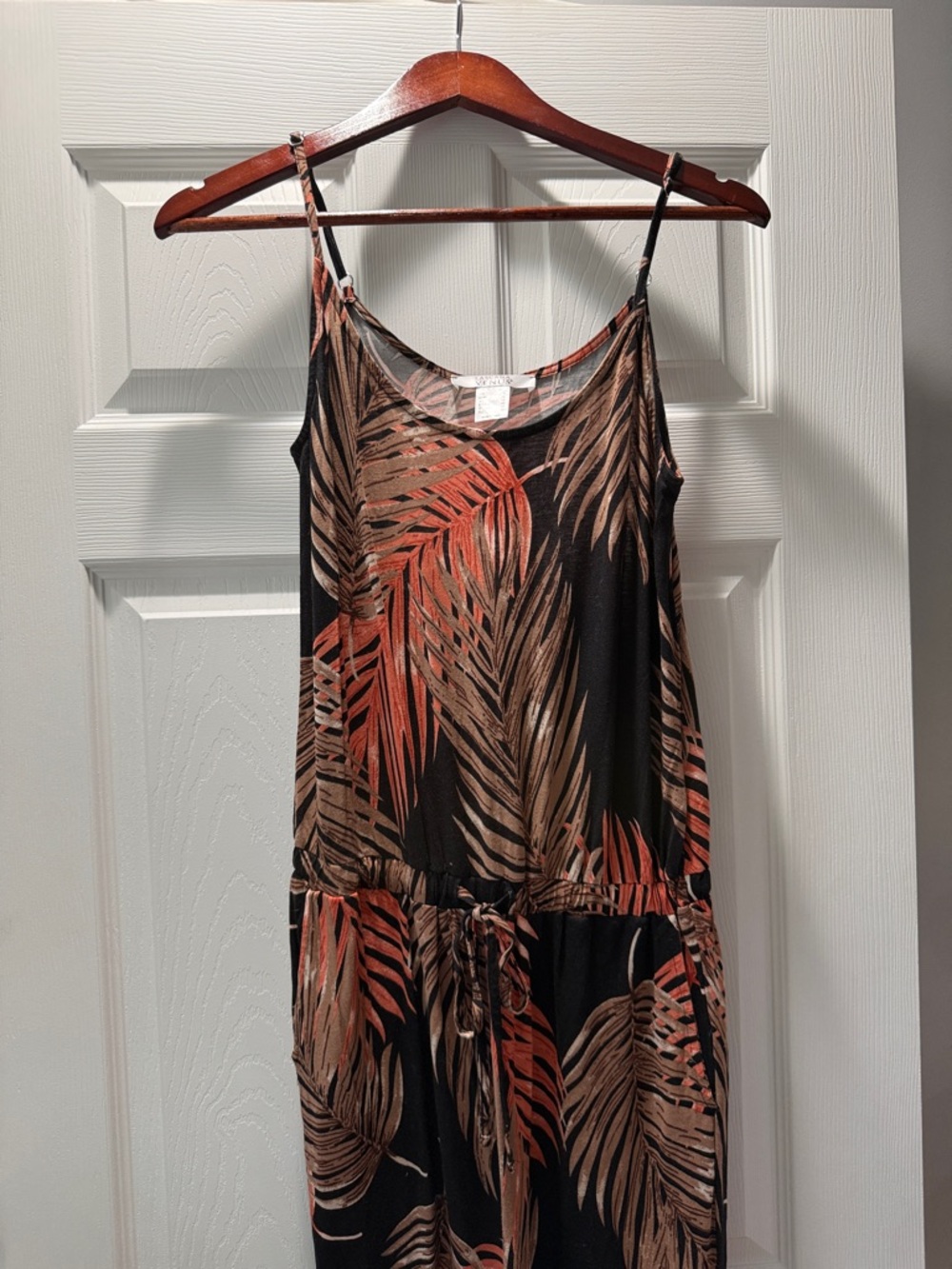 Black Tropical Leaf Print Jumpsuit with Drawstring Waist